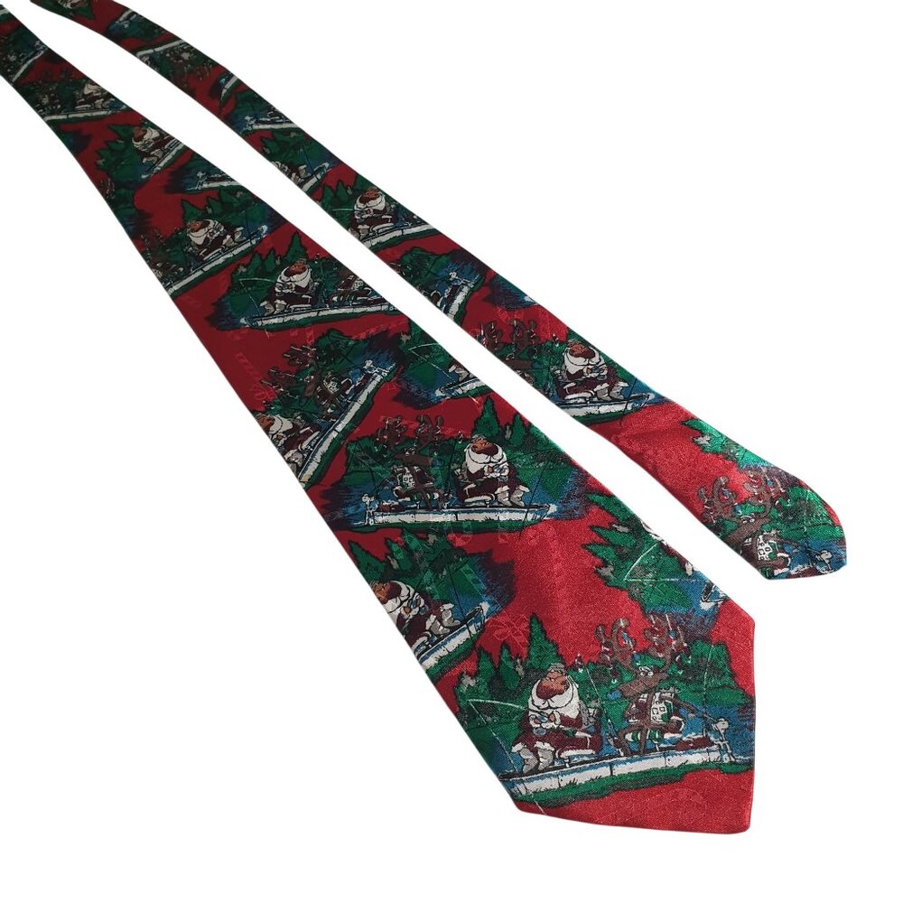 Santa Reindeer Fishing Novelty Red Green Christmas Tie Hallmark Vintage Holiday
